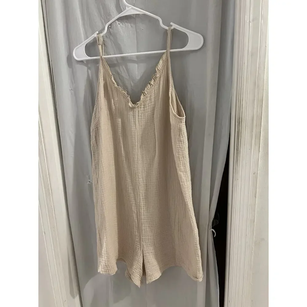 SHEIN Tan Gauzy Cotton Romper Sz L - Picture 2 of 6